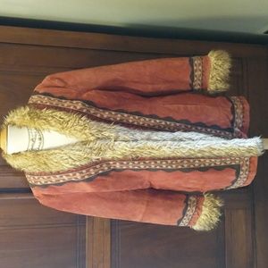 Vintage Boho Red Suede Faux Fur Embroidered Coat Sz XL